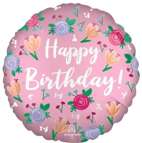 Folienballon Happy Birthday mit Pfingstrosen, 46 cm