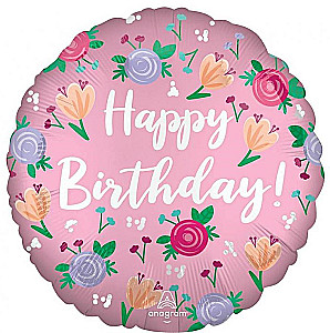 Folienballon Happy Birthday mit Pfingstrosen, 46 cm