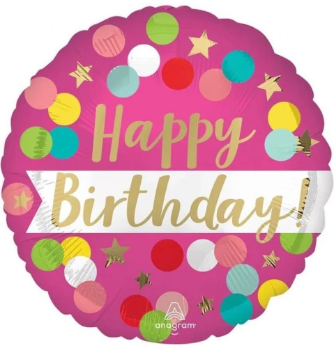 Folienballon - Happy Birthday Pink Confeti, 46 cm