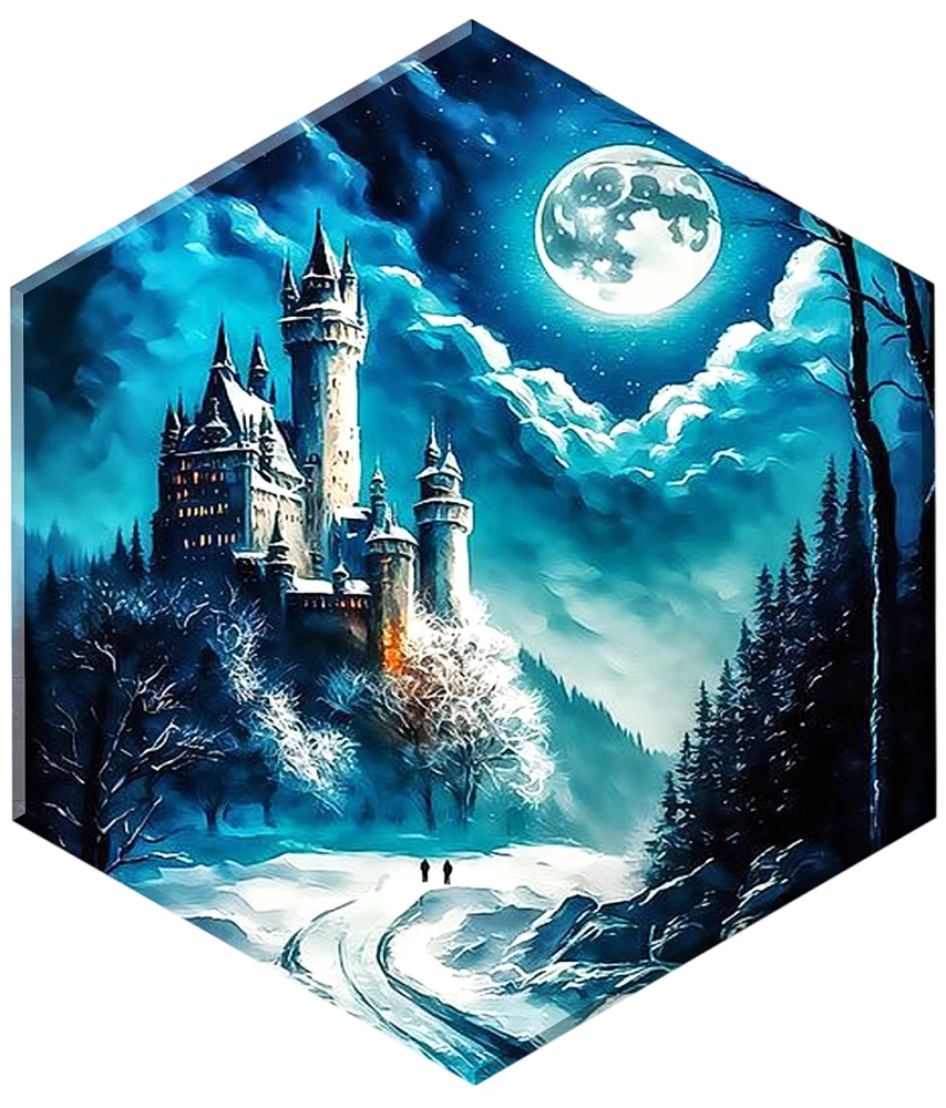 Malerei nach Zahl. Schwarze Leinwand. Hexagon. Schloss im Mondlicht (13 Farben)