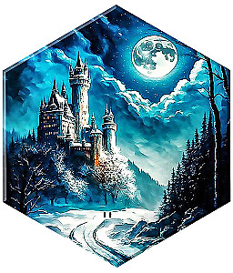 Malerei nach Zahl. Schwarze Leinwand. Hexagon. Schloss im Mondlicht (13 Farben)