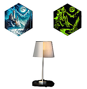 Malerei nach Zahl. Schwarze Leinwand. Hexagon. Schloss im Mondlicht (13 Farben)