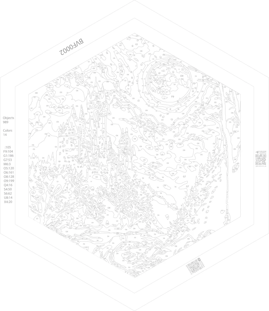 Malerei nach Zahl. Schwarze Leinwand. Hexagon. Schloss im Mondlicht (13 Farben)