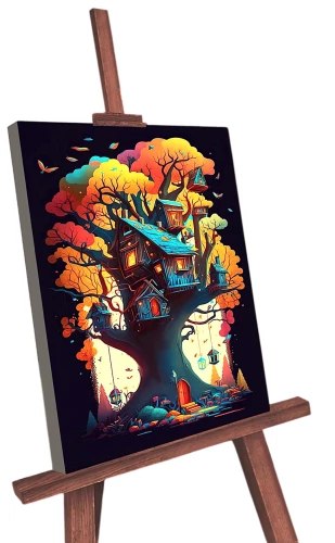 Obrazek według numerów - Czarna płótno z świecącą farbą. Mały domek na drzewie (22 kolory)