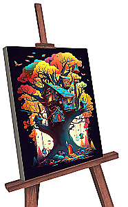 Obrazek według numerów - Czarna płótno z świecącą farbą. Mały domek na drzewie (22 kolory)