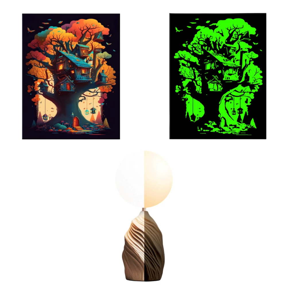 Obrazek według numerów - Czarna płótno z świecącą farbą. Mały domek na drzewie (22 kolory)