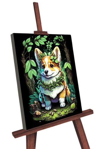 Number Painting - Black Canvas with Glow in the Dark Paint. Corgi Puppy (30 colors)