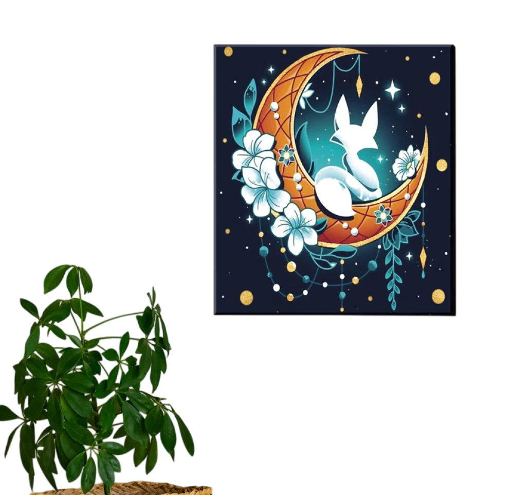 Obraz do malowania po numerach z złotą folią. Lis na księżycu (14 kolorów)