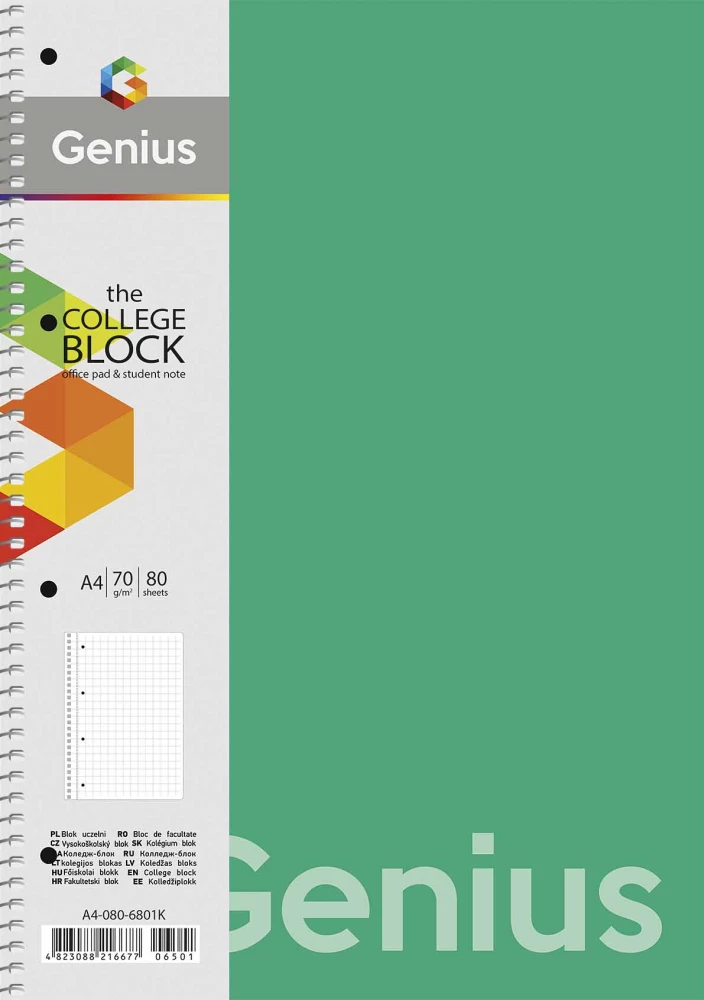 A4 köites vihik, 80 lehte joonel Genius, assortii