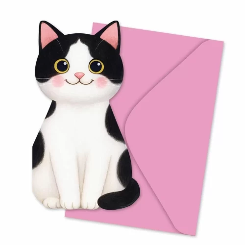 Greeting card without inscription, black and white cat, with artistic envelope