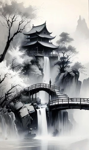 Gemälde nach Zahlen mit leuchtender Farbe 40x50 - Pagode in den Bergen