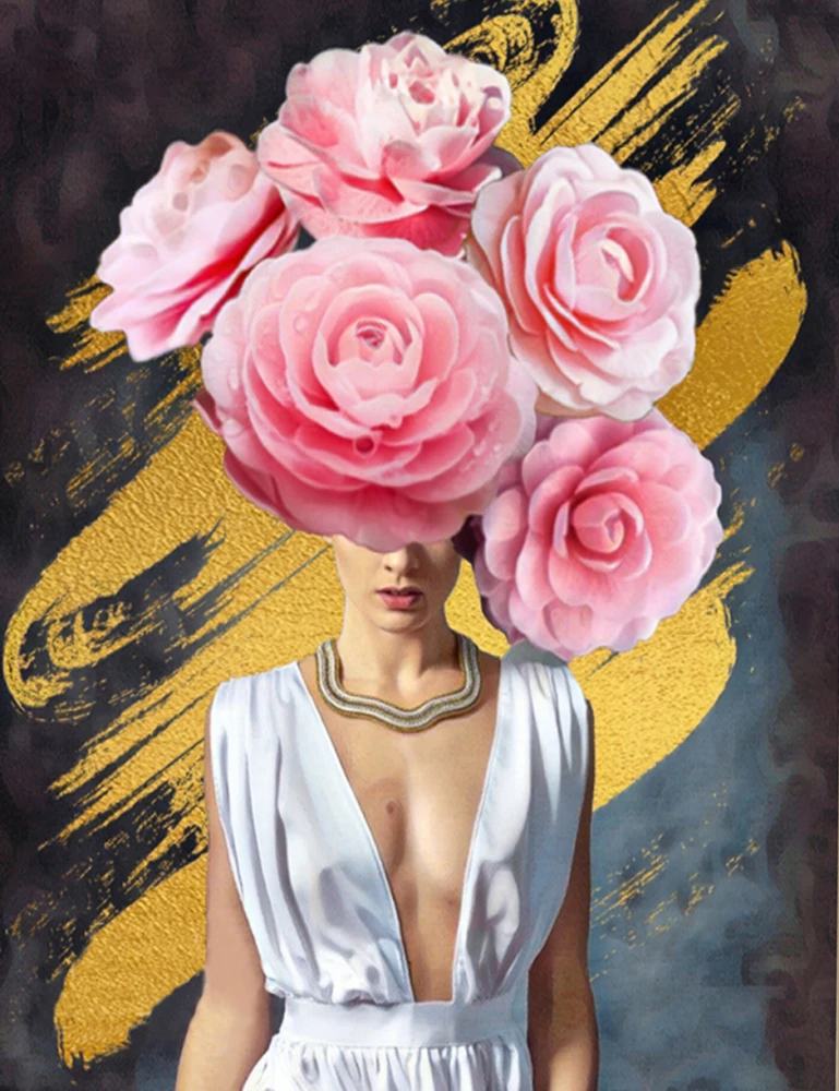 Nach Zahlen auf Leinwand mit Blattgold 40x50 - Mädchen mit Rosen