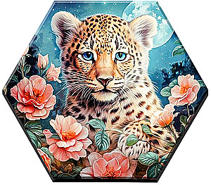 Gemälde nach Zahlen mit leuchtender Farbe Hexagon 37x32cm - Süßes Baby Leopard in Blumen