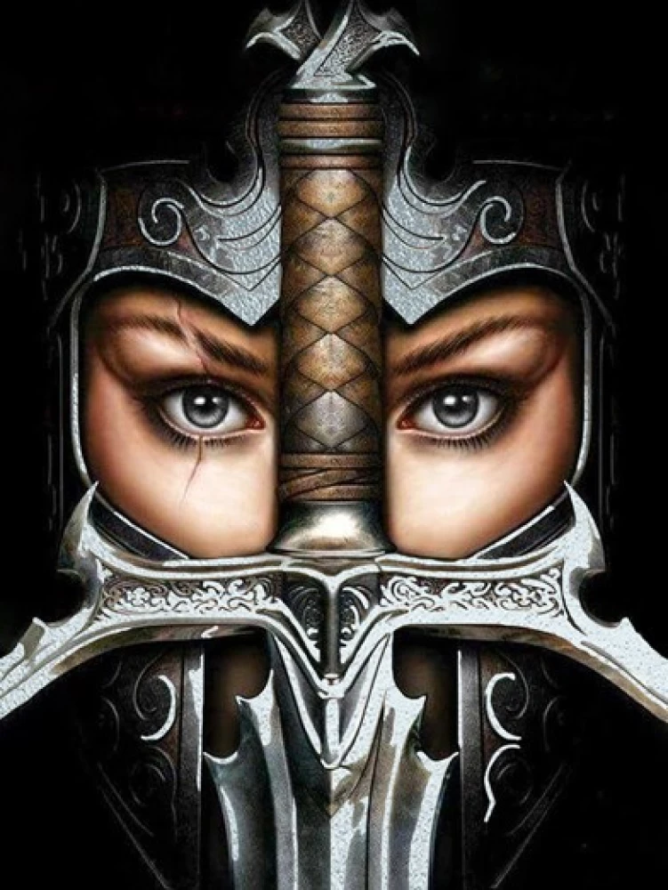 Das Zahlenmalerei 40x50 mit Platinblatt auf schwarzer Leinwand - Kriegerin der Fantasy