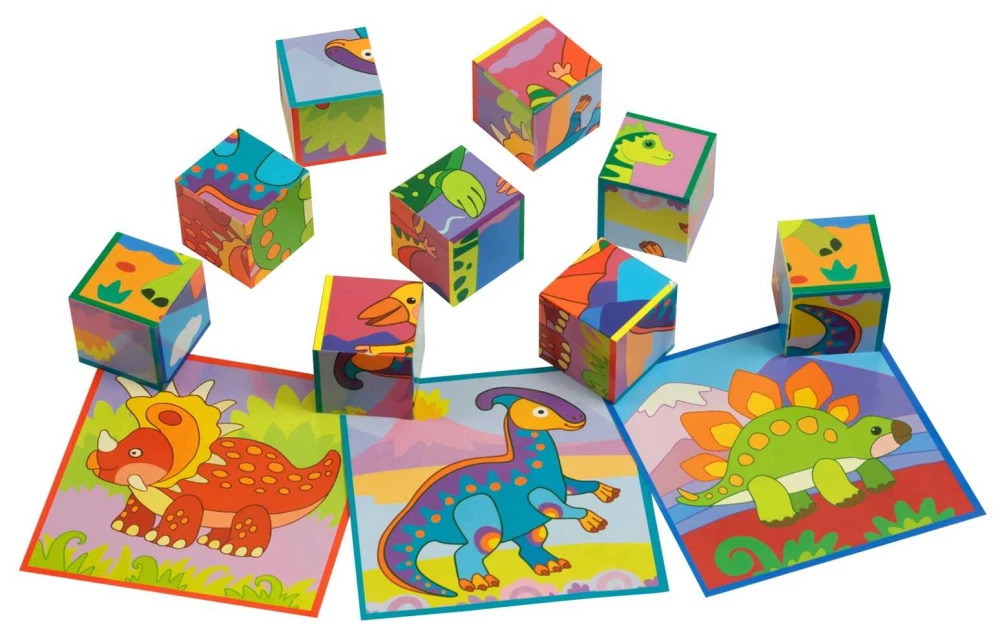 Gudrie kubi uz paliktņa. 9 gabali. Priecīgie dinozauri