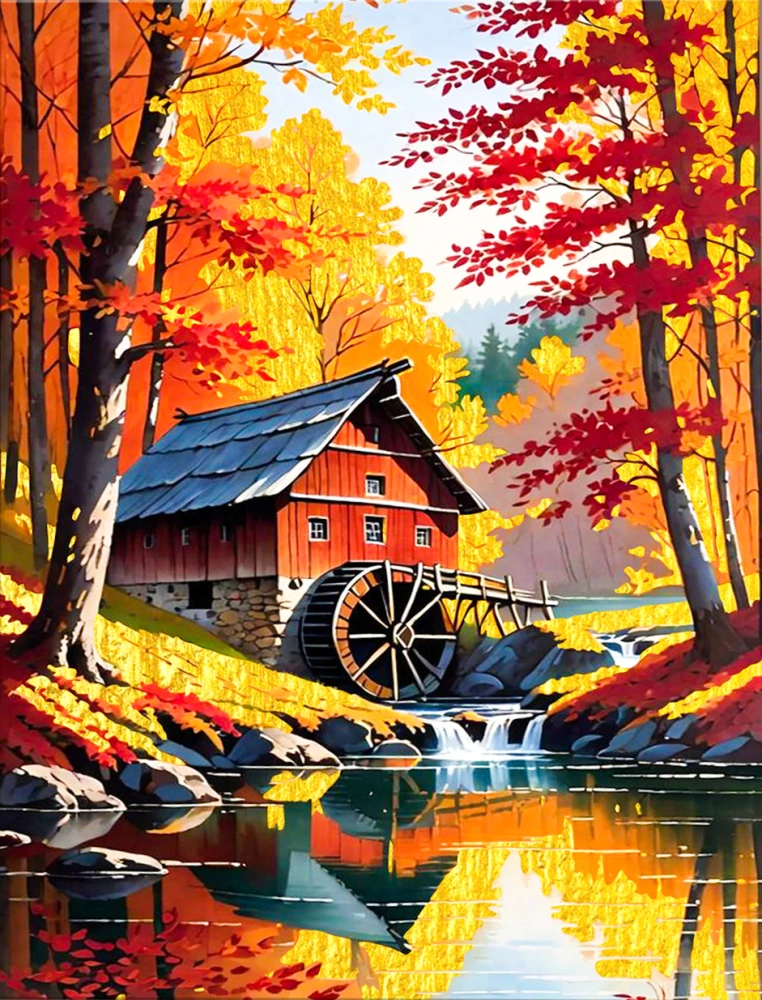 Glezna pēc numuriem ar zeltu 40x50 cm - Ūdens dzirnavas oktobrī