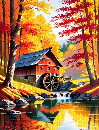 Glezna pēc numuriem ar zeltu 40x50 cm - Ūdens dzirnavas oktobrī