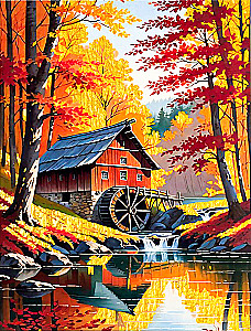 Glezna pēc numuriem ar zeltu 40x50 cm - Ūdens dzirnavas oktobrī