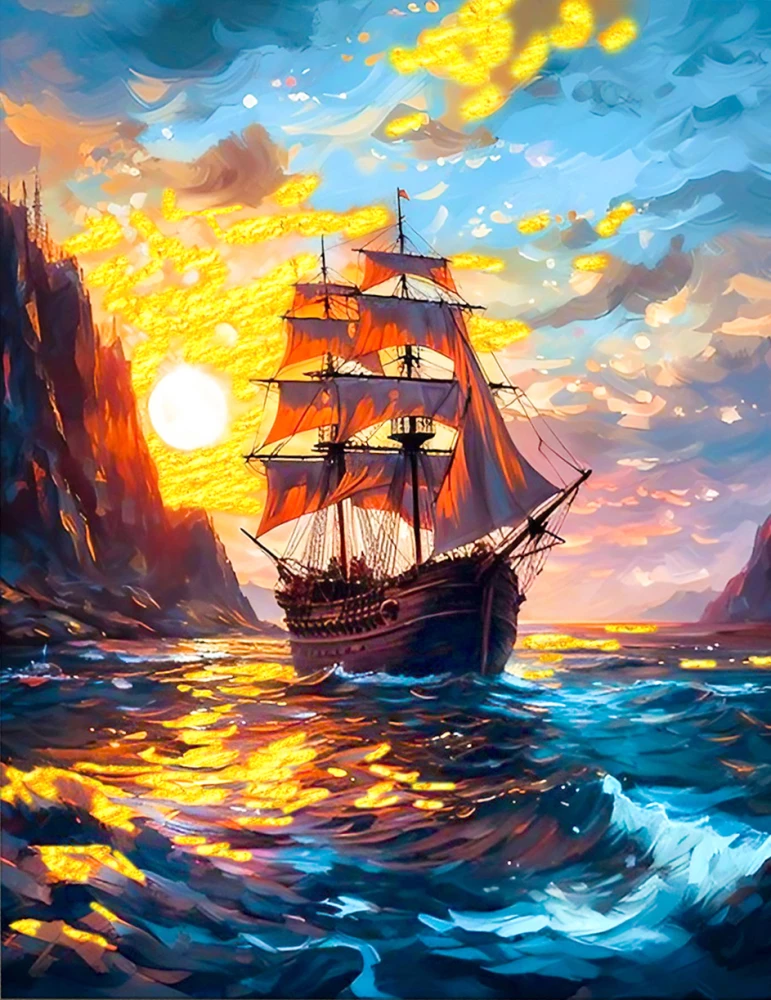 Glezna pēc numuriem ar zeltu 40x50 cm - Jūras kuģis saulrietā