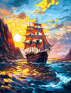 Glezna pēc numuriem ar zeltu 40x50 cm - Jūras kuģis saulrietā