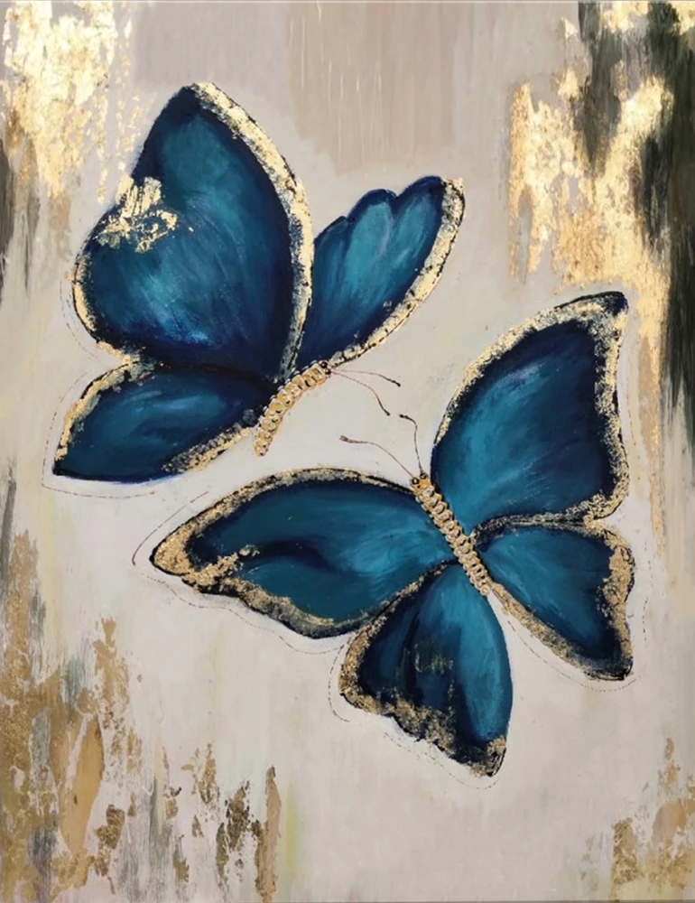 Obraz do malowania po numerach z złotą folią 40x50 cm - Niebieskie motyle