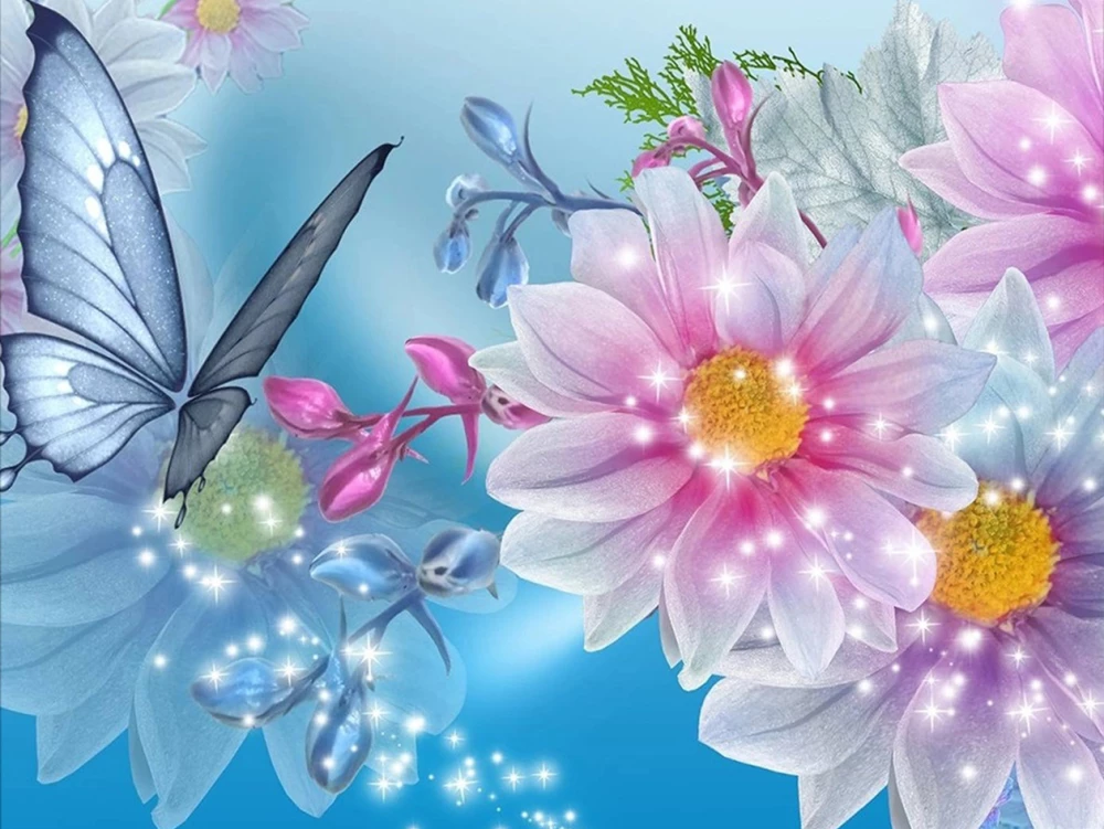 Картина по номерам 15х20 см - Цветы и бабочки