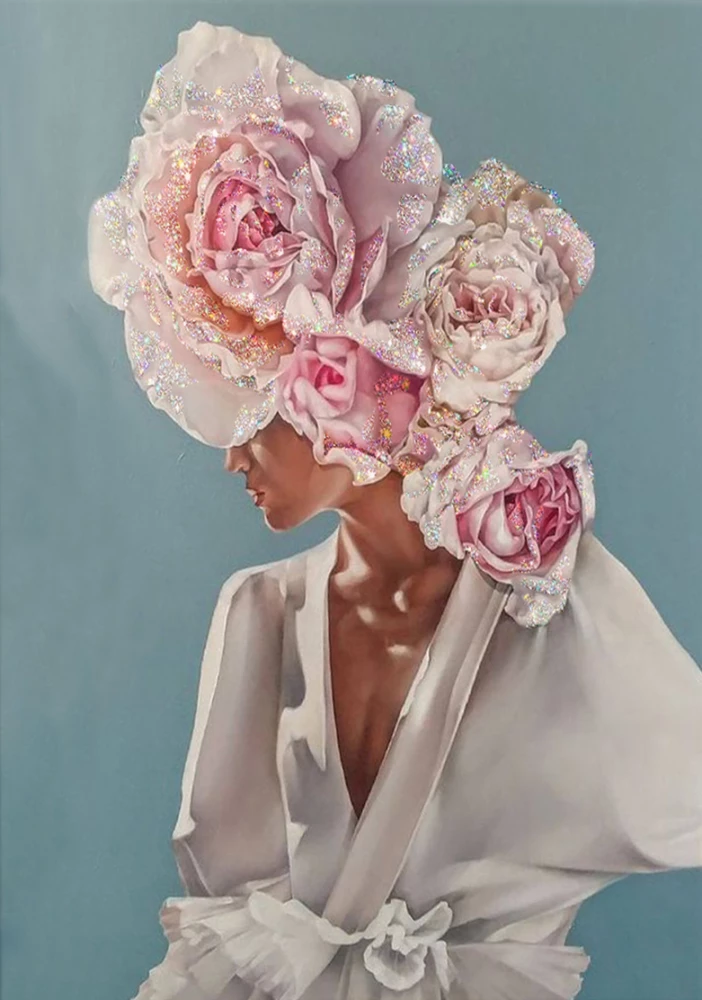 Bild nach Zahlen mit Kristallen aus Kristall 40x50 cm - Porträt in Pfingstrosen