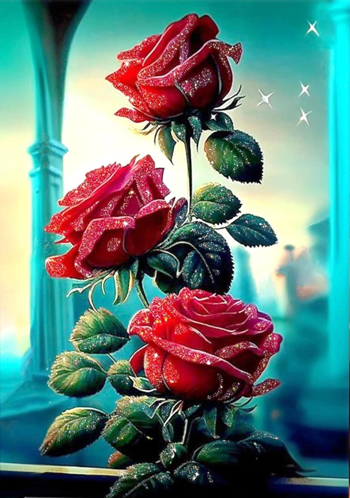 Obraz po numerach z kryształkami z kryształu 40x50 cm - Bordowe róże