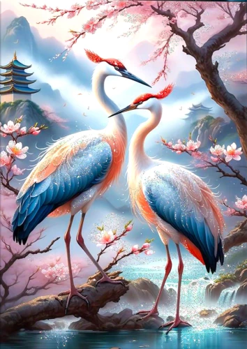 Obraz po numerach z kryształami z kryształu 40x50 cm - Japońskie żurawie