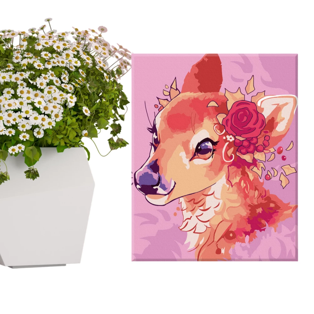 Картина по номерам - Оленёнок с цветком (15 цветов)