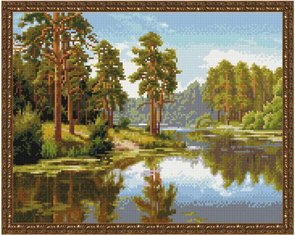 Dimanta mozaīka ar uzklātu rāmīti - I. Priščeva. Priežu meži pie ūdens, 40x50cm