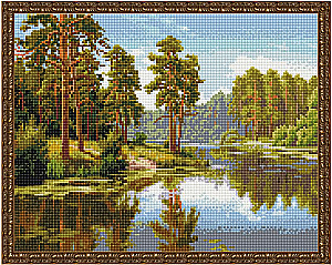 Dimanta mozaīka ar uzklātu rāmīti - I. Priščeva. Priežu meži pie ūdens, 40x50cm