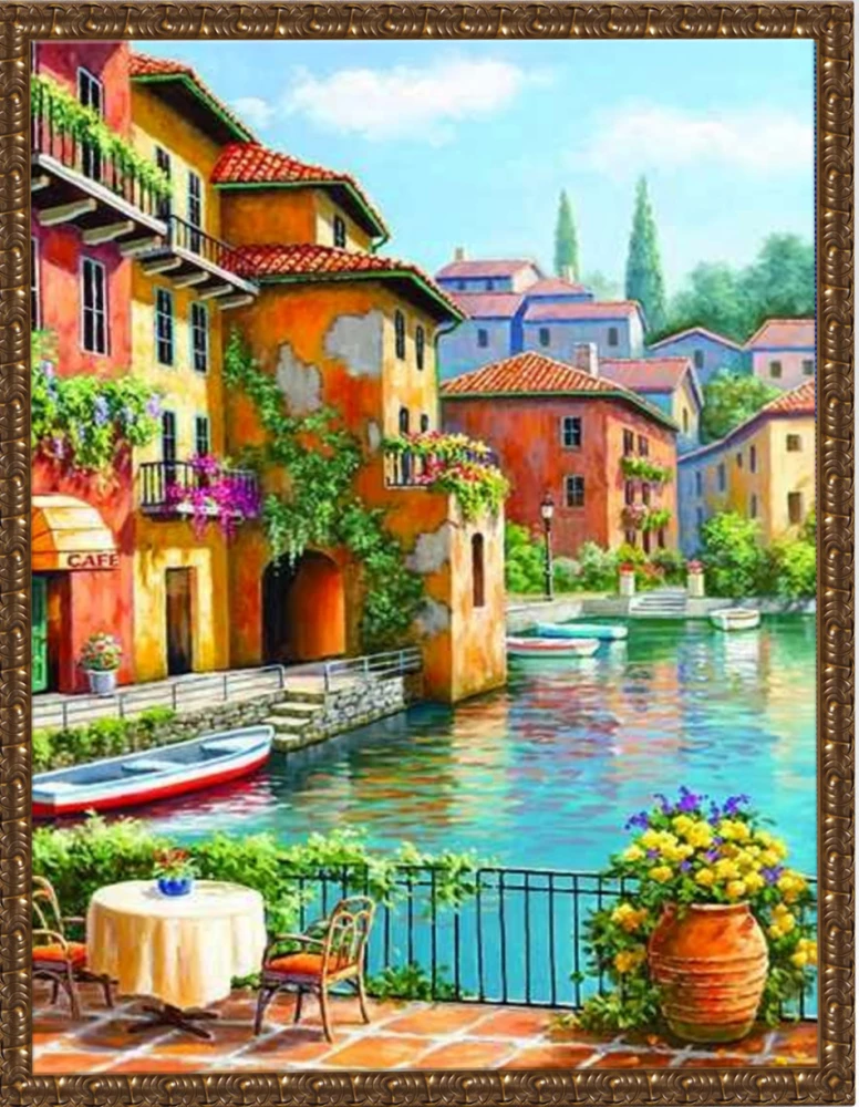 Алмазная мозаика с нанесенной рамкой 40х50 см - Завтрак на набережной