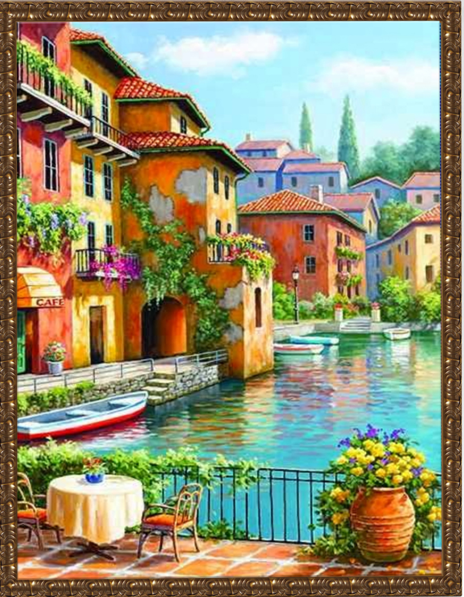 Diamond mosaic with applied frame 40x50 cm - Breakfast on the waterfront