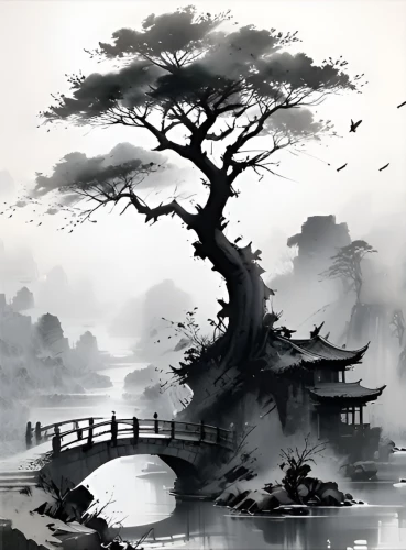 Glezna pēc numuriem ar gaismojošu krāsu - Japānas ainava, 40x50cm