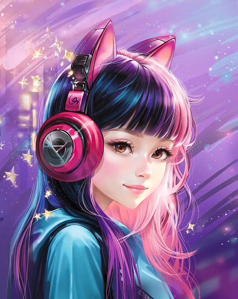 Dimanta mozaīka - Meitene austiņās, 20x25cm