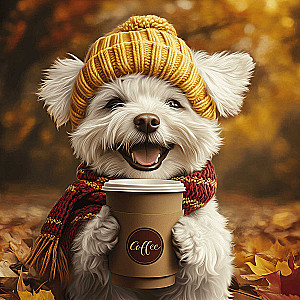 Dimanta mozaīka uz apakšrāmja - Sunītis ar kafiju, 30x30cm