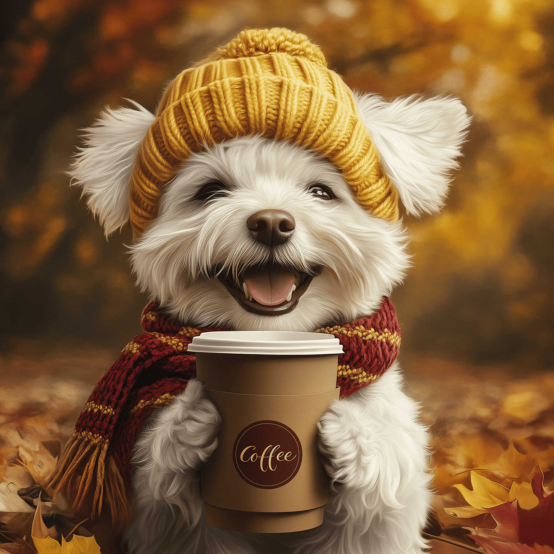 Diamant-Mosaik auf Keilrahmen - Welpe mit Kaffee, 30x30cm