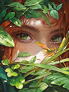 Dimanta mozaīka uz apakšrāmja - Meitene lapotnē, 30x40cm