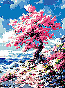 Glezna pēc numuriem - Sakura pie jūras, 30x40cm
