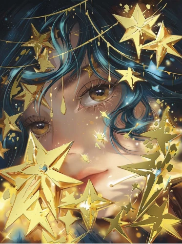 Paint by Numbers with Gold Leaf - Girl with Stars, 30x40cm