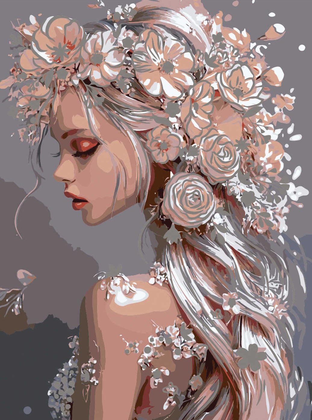 Gemälde nach Zahlen mit Blattgold - Mädchen-Frühling, 30x40cm