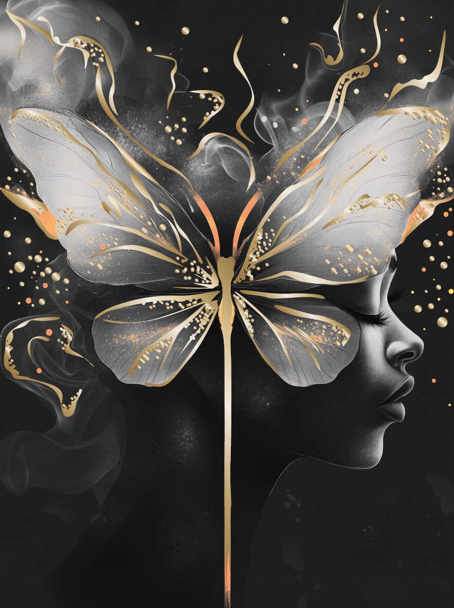 Bild nach Zahlen mit Blattgold - Mädchen mit Schmetterling, schwarzer Leinwand, 30x40cm