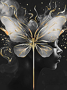 Glezna pēc numuriem ar zeltu - Meitene ar tauriņu, melns audekls, 30x40cm