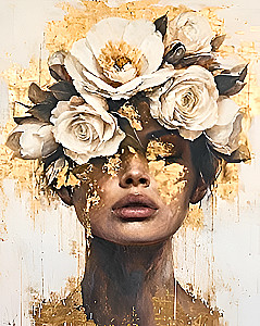 Obraz według numerów z złotem - Dziewczyna w wieńcu róż, 40x30cm