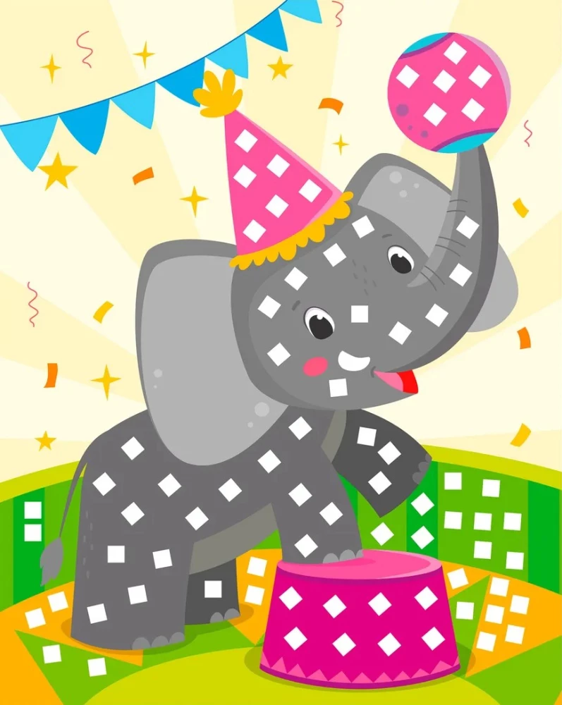 Mosaik-Applikation. Giraffe, Elefantenbaby, Äffchen