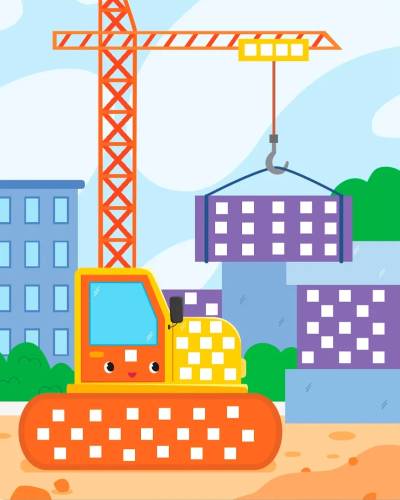 Mosaik-Applikation. Traktor, Lastwagen, Baustellenkran