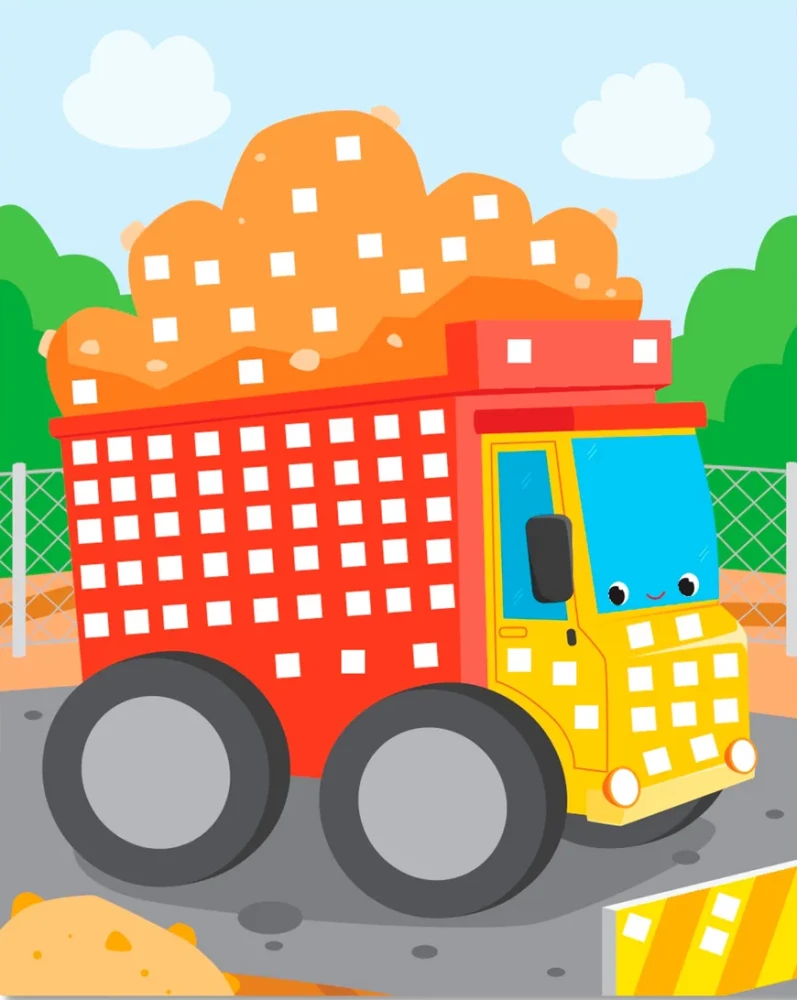 Mosaik-Applikation. Traktor, Lastwagen, Baustellenkran