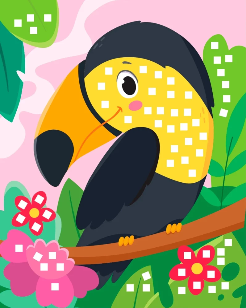 Mosaik-Anwendung. Tukan, Papagei, Flamingo