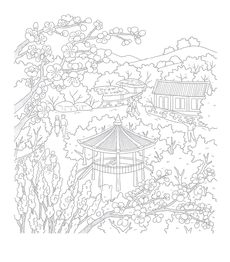 Frühlingsreise durch Korea. Ausmalbuch gegen Stress